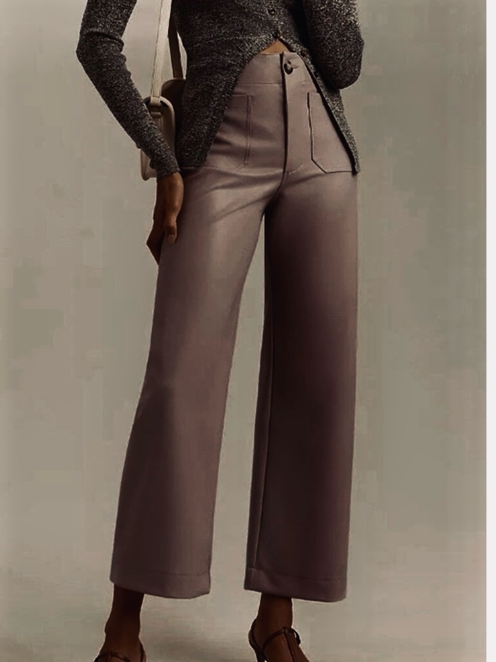 The Colette Cropped Wide Leg Faux Leather Pant 28 high rise brown dark taupe